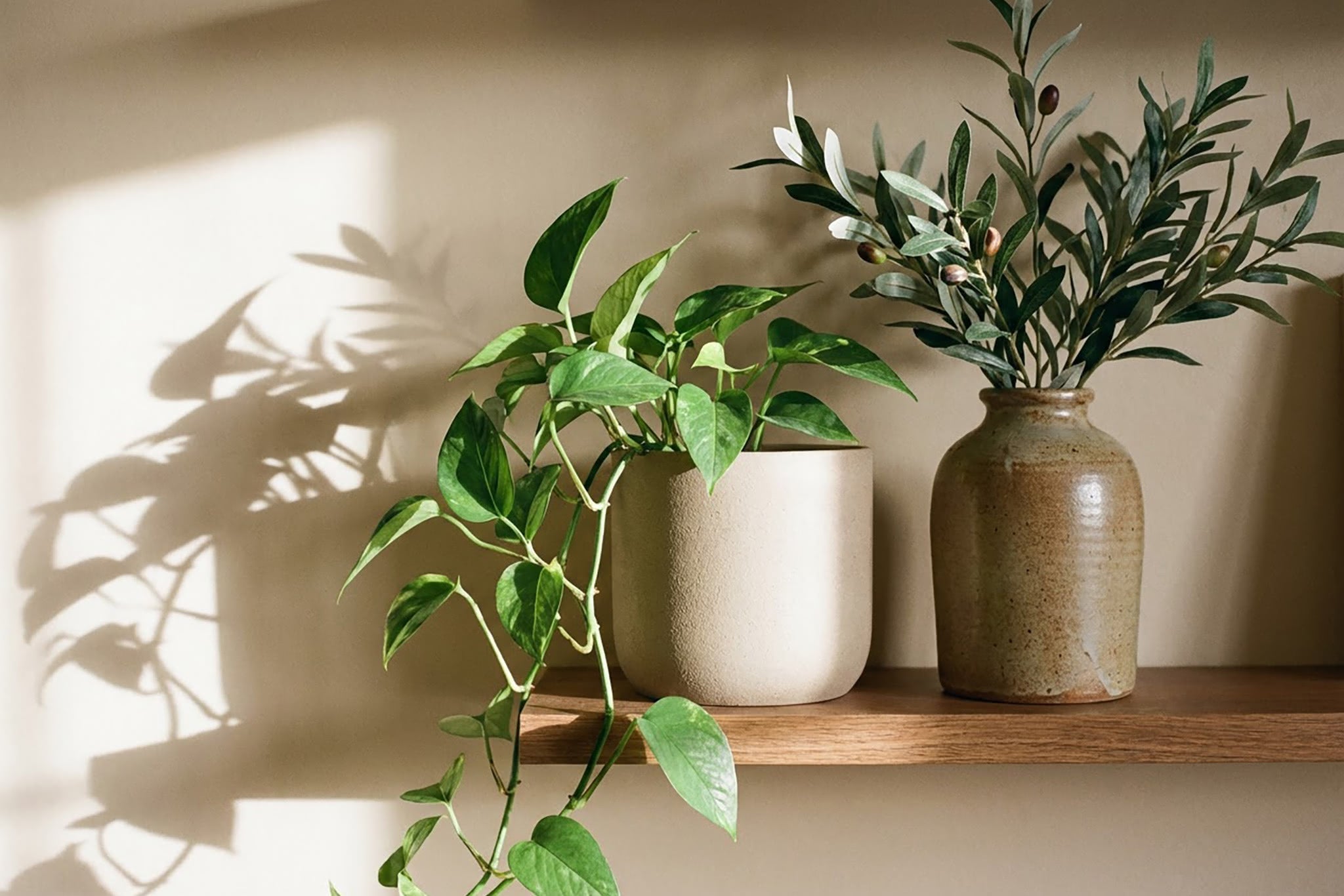 A curated Japandi-style shelf vignette featuring a mix of a real pothos trailing from a matte ceramic pot and a faux olive branch in a stoneware vase, set against a warm linen-toned wall with soft natural light from the left, shallow depth of field.