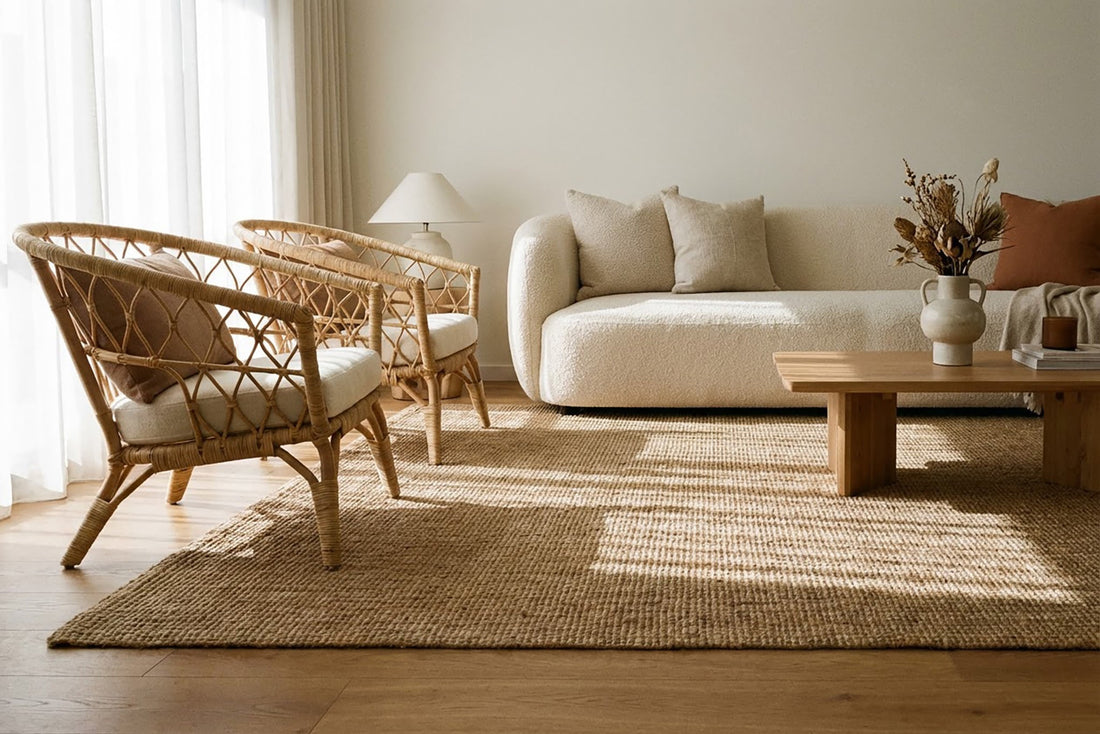 A sunlit living room with a large jute area rug anchoring a linen sofa and two armchairs, front legs resting on the rug, warm oak flooring visible around the edges, soft natural light from a tall window, earthy neutral palette with textured cushions.